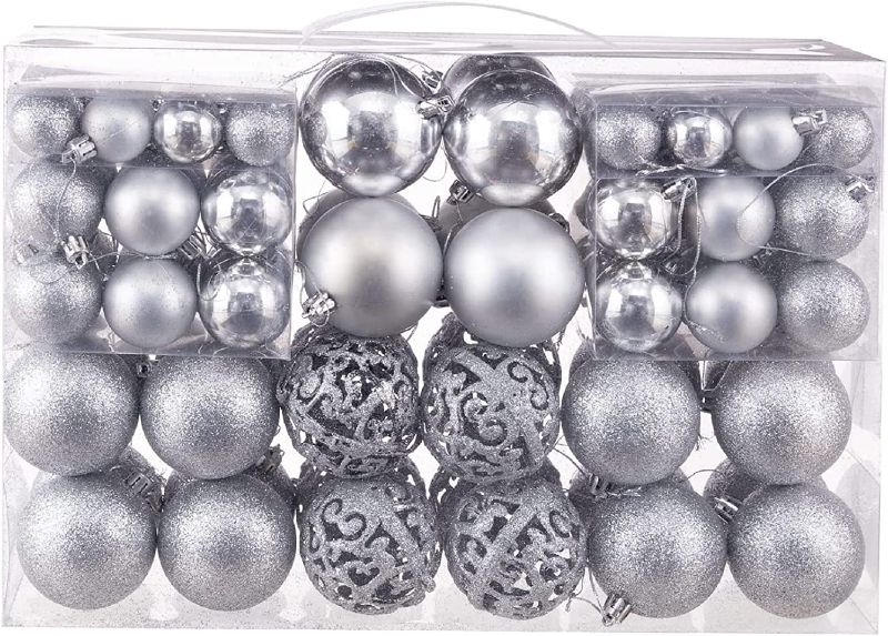 Photo 1 of Azalon 100Pcs Christmas Ball Ornaments, Shatterproof Christmas Ornaments Set with Hand-held Gift Package for Xmas Tree(Silver) --- Item is New, Some Ornaments Broken
