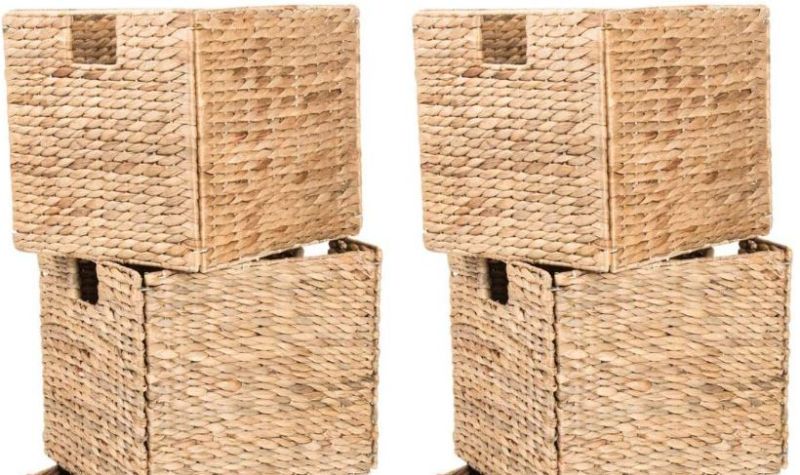 Photo 1 of 4 Decorative Hand-Woven Small Water Hyacinth Wicker Storage Basket, 13x11x11 Perfect for Shelving Units 4-Pack 13x11x11