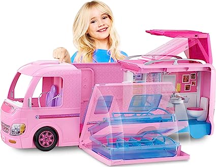 Photo 1 of Barbie Camper, Doll Playset with 50 Accessories, Includes Waterslide, 2 Hammocks, Canopy Bed & Fireplace, Dream Camper
