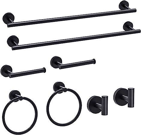 Photo 1 of 8 Pieces Bathroom Towel Rack Set , Includes 2 Packs 18inch Towel bar, 2 Packs Towel Hook, 2 Packs Towel Ring, 2 Packs Toilet Paper Holder-Black Towel Holder for Bathroom Wall
