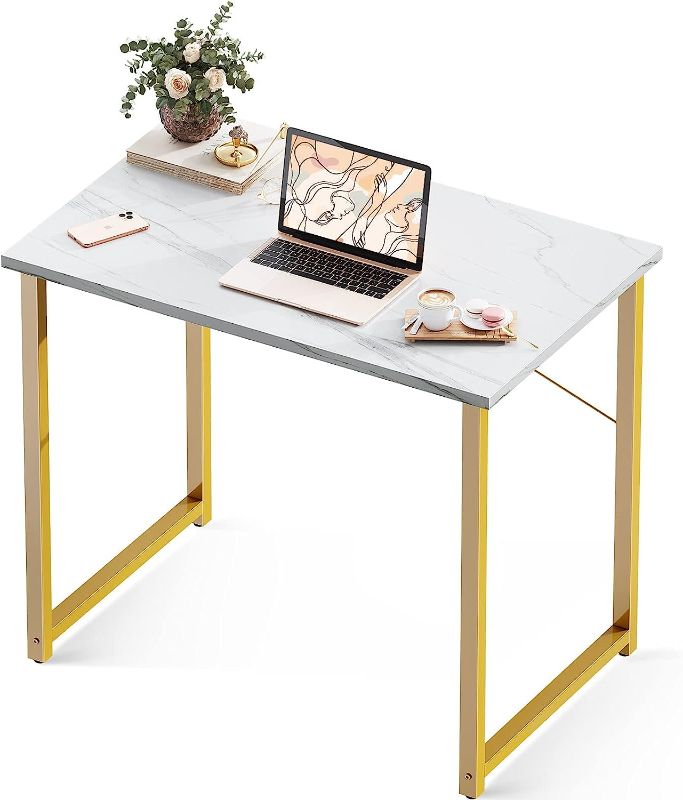 Photo 1 of Coleshome Modern Simple High-Level Color Matching Computer Desk,31 Inch Home Office Desk,Makeup Vanity Desk,White Marble and Gold Leg
