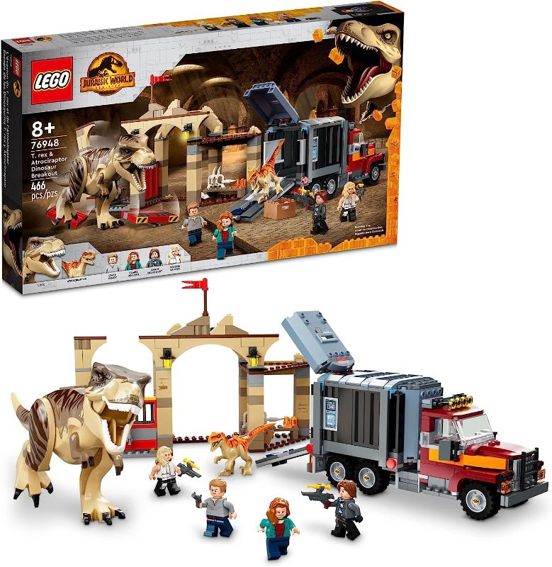 Photo 1 of LEGO Jurassic World T. rex & Atrociraptor Dinosaur Breakout 76948 Dino Toy Set, Gift Toys for Kids Age 8 Plus with 4 Minifigures, Market and Truck, 2022 Movie Inspired
NEW - OPEN BOX - MISSING PIECES