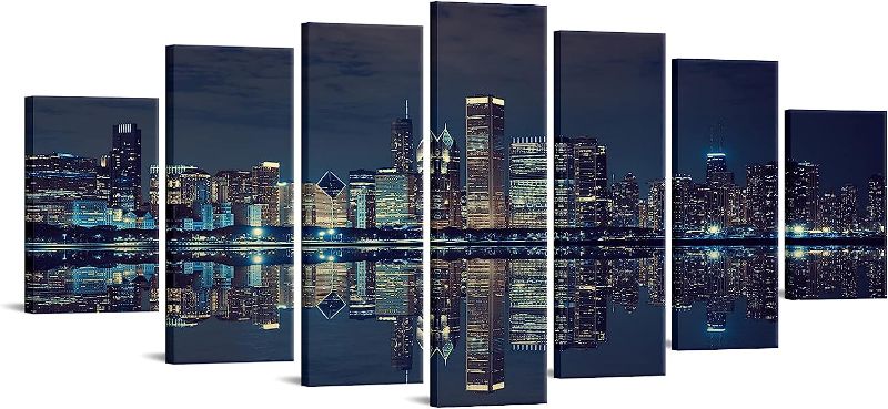 Photo 1 of 7 Panel Extra Large Chicago Skyline Canvas Wall Art Print Modern Cityscape Commercial Downtown Painting City Pictures for Home Decor Framed Artwork Office Living Room Wall Decoration
