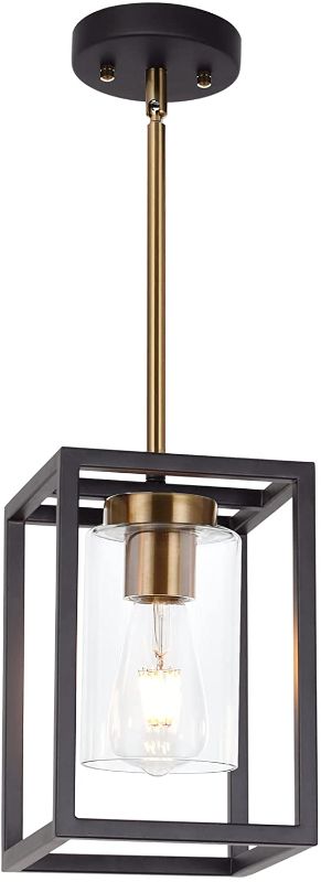 Photo 1 of VINLUZ 1-Light Interior Lantern Pendant Light,Black and Brushed Brass Finish Farmhouse Chandelier with Clear Glass Shade Foyer Cage Hanging Ceiling Lighting for Kitchen Island Dining Room Entryway
