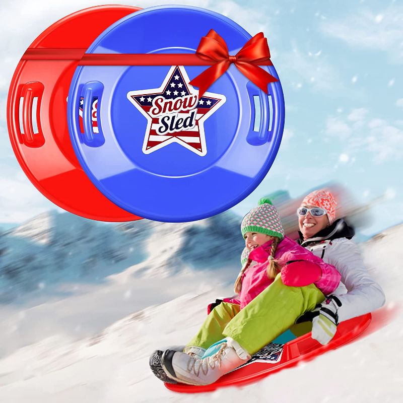 Photo 1 of 27” 2 Pack Snow Sled for Kids Heavy-Duty Downhill Plastic Sled Cold Resistant Toboggan Sled Outdoor 1-2 Rider Snow Sleds for Adults Durable Saucer Sleds with 2 Handles Round Sled Discs for Winter