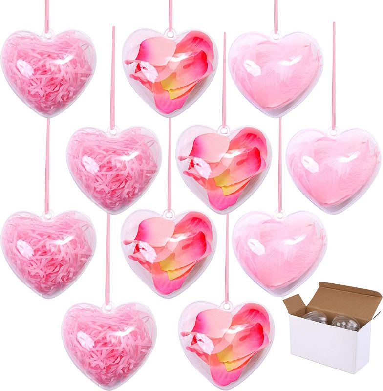 Photo 1 of Aneco 12 Pieces Clear Plastic Fillable Heart Shape Boxes 80mm Acrylic Hanging Balls DIY Craft Ornaments with 1 Roll Pink Ribbon for Valentine's Day, Bath Bomb, Wedding Party Home Decor
