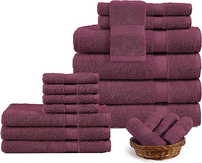 Photo 1 of 18 PC Bathroom Towels Set- 100% Cotton Bath Towels- 4 Luxury Bath Towels Set, 6 Hand Towel, 8 wash Cloths, Soft Turkish Shower Towels Bathroom Sets- Burgundy Bath Towel Sets Hotel Collection