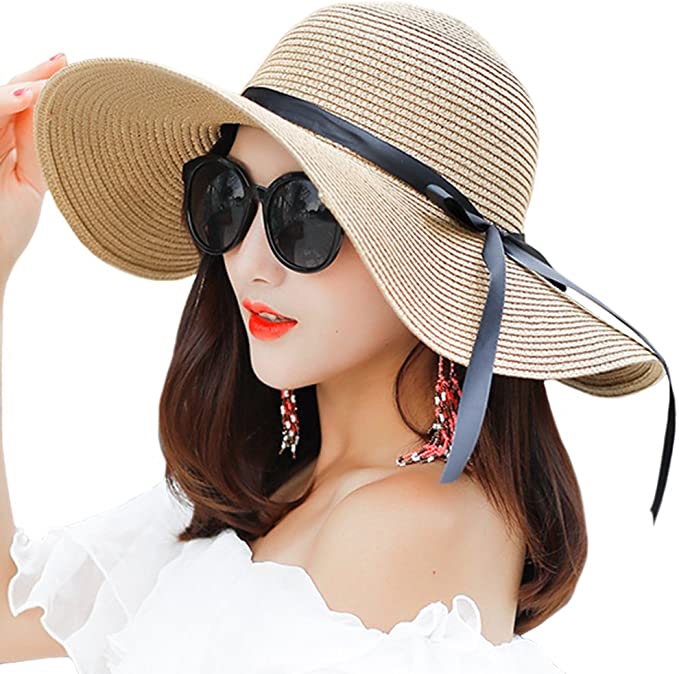 Photo 1 of Itopfox Women's Big Brim Sun Hat Floppy Foldable Bowknot Straw Hat Summer Beach Hat Khaki, Khaki, One Size