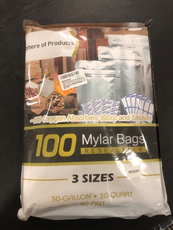 Photo 2 of 100pcs Mylar Bags for Food Storage with Oxygen Absorbers 300cc (10*10 Packs) and Labels, 10"x14" (30) 7"x10" (30) 5"x7" (40) Stand-Up Zipper Pouches Resealable and Heat Sealable for Long Term 