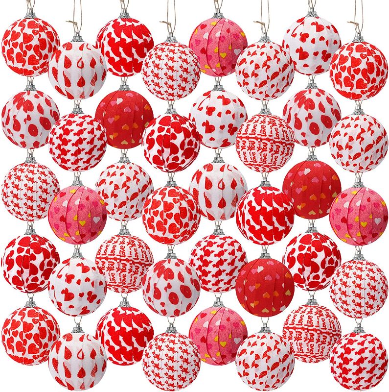 Photo 1 of 48 Pieces Valentines Day Hanging Ball Ornaments Fabric Wrapped Ball Hanging Ornament for Kids Valentines Home Wedding Holiday Party Anniversary Supplies
