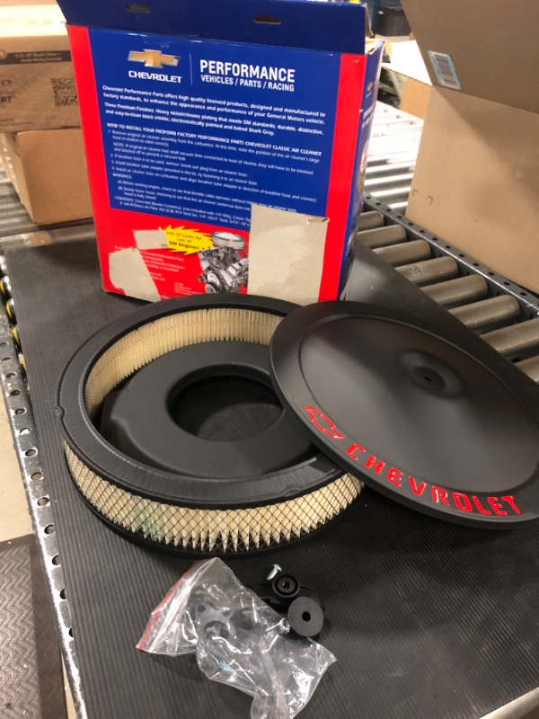 Photo 2 of Air Cleaner Assembly, Classic, 14 in Round, 3 in Element, 5-1/8 in Carb Flange, Drop Base, Red Chevrolet Logo, Steel, Black Crinkle, Kit