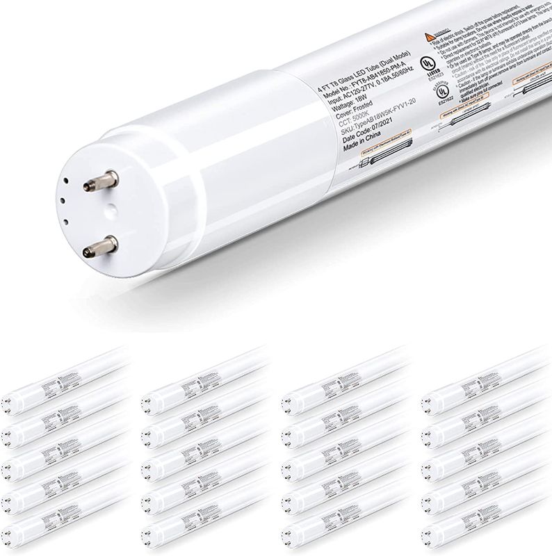 Photo 1 of hykolity 20 Pack 4FT LED T8 Hybrid Type A+B Light Tube, 18W, Plug & Play or Ballast Bypass, Single-Ended OR Double-Ended, 5000K, 2400lm, Frosted Cover, T8 T10 T12 for G13, 120-277V, UL Listed
