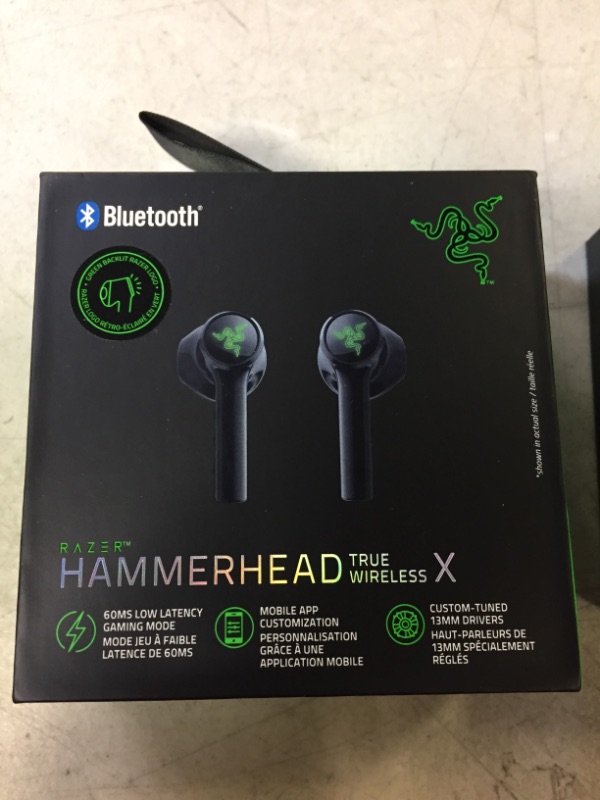 Photo 3 of Razer Hammerhead True Wireless X Earbuds: Custom-Tuned 13mm Drivers - Bluetooth 5.2 w/Auto-Pairing - 60ms Low-Latency Gaming Mode - Touch Enabled - Mobile App Customization - Classic Black TW X Earbuds USED - UNABLE TO TEST