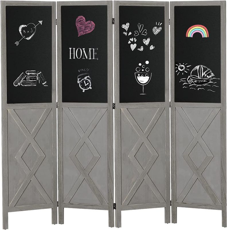 Photo 1 of 5.8Ft Tall Wood Room Divider with Chalkboard Panels, 4 Panel Rustic Folding Privacy Screens Room Divider, Partition Wall dividers for Rooms, Room Separator, Folding Screen, Rustic Barnwood, Grey
