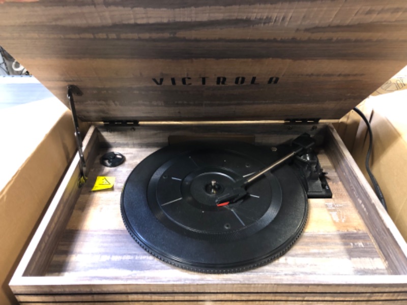 Photo 3 of Victrola Nostalgic 6-in-1 Bluetooth Record Player & Multimedia Center & Cassette Player, AM/FM Radio | Wireless Music Streaming | Farmhouse Shiplap Grey & Wooden Record Crate, Wood Color Farmhouse Shiplap Grey Entertainment Center + Record