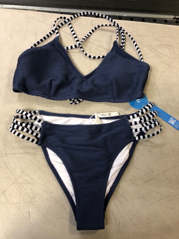 Photo 1 of CUPSHE Women's Ribbed Strappy Self Tie Low Waist Bikini Set Navy Blue Medium