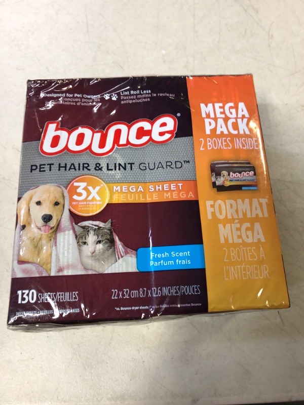 Photo 2 of Bounce Pet Hair and Lint Guard Mega Dryer Sheets with 3X Pet Hair Fighters, Fresh Scent, 130 Count