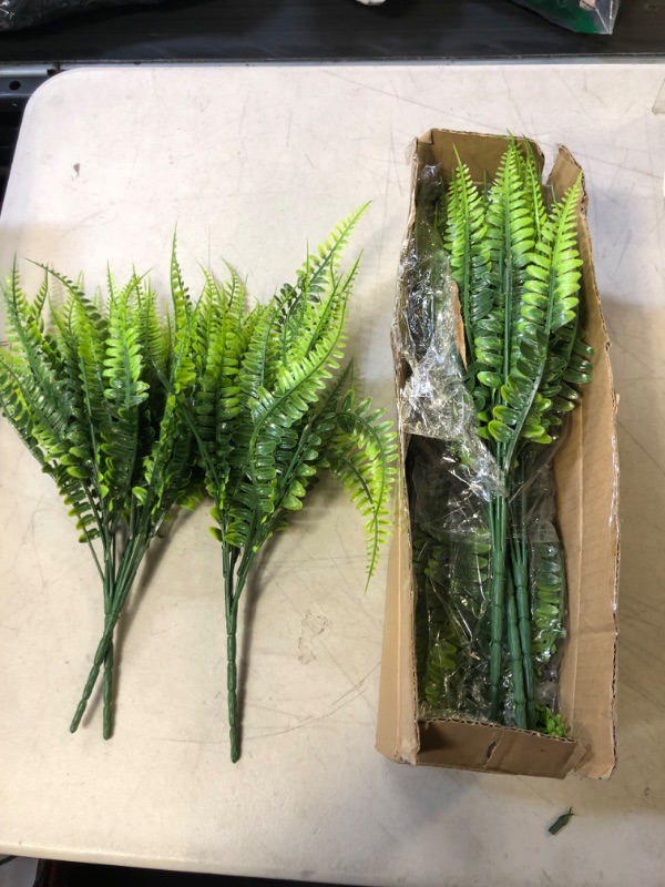 Photo 2 of 12 Bundles Artificial Plants, Fake Boston Fern Greenery Outdoor UV Resistant No Fade Faux Plastic Plants Garden Porch Window Box Decorating