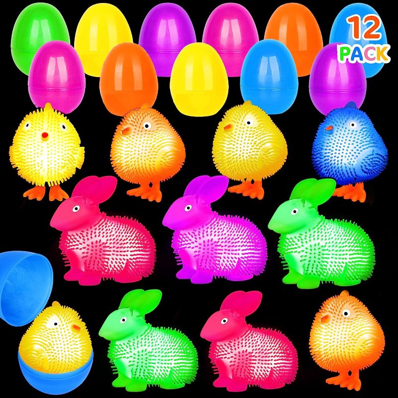Photo 1 of 12 PCS Easter Eggs with Toys Inside, Light Up Bunny Squishies Chicks Easter Stress Balls for Kids Glow in The Dark Fidget Party Favors Gifts Easter Basket Stuffers for Toddlers Boys Girls Teens
