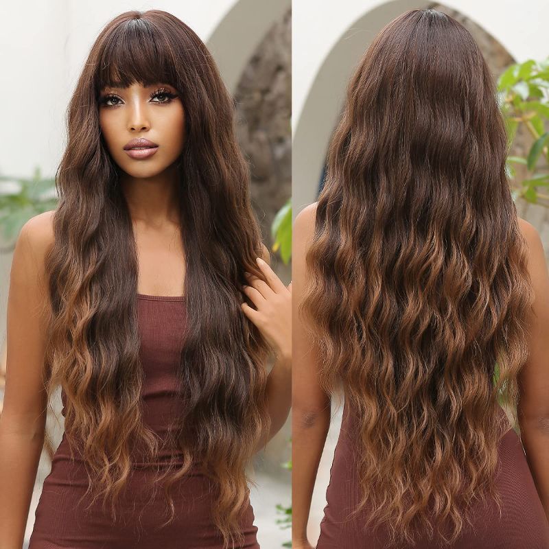 Photo 1 of Allbell Long Brown Wave Wigs for Women Synthetic Wigs with Bangs Loose Wavy Hair
