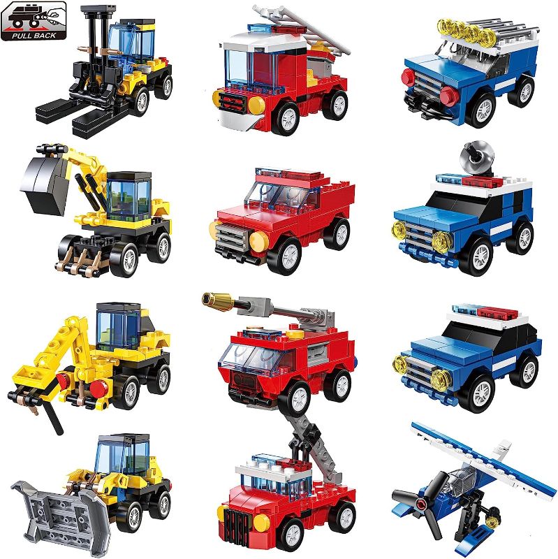 Photo 1 of Childland 12 Mini Building Blocks Cars Toys Pull Back Cars Buildable Vehicles Building Blocks Kit Stem Toys Construction Fire Police Cars for Kids, Kids Party Supplies, Birthday Favors, Goodie Bags
