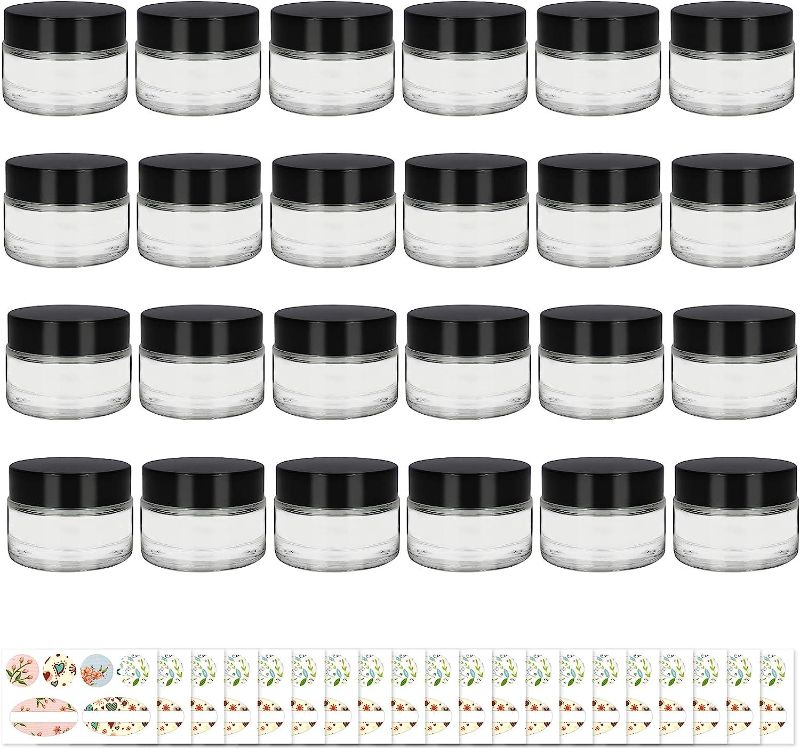 Photo 1 of 24 Pack 1oz Clear Round Glass Jars - Empty Cosmetic Containers with Inner Liners, black Lids and Glass Sample Jars with labels For Slime, Beauty Products, Cosmetic, Lotion?Powders and Ointments
