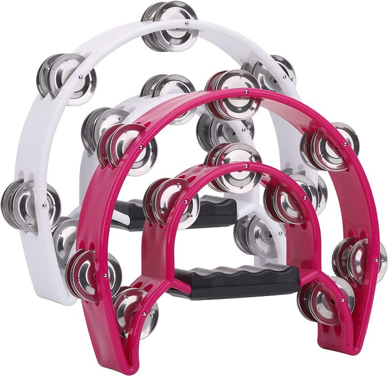 Photo 1 of 2Pack 10" Double Row Tambourine for Adult, Half Moon Musical Tambourine 20 Metal Jingles Hand Held Percussion Drum, Plastic Musical Percussion Tambourines for Adults, Church, Party, White & Rose Red
