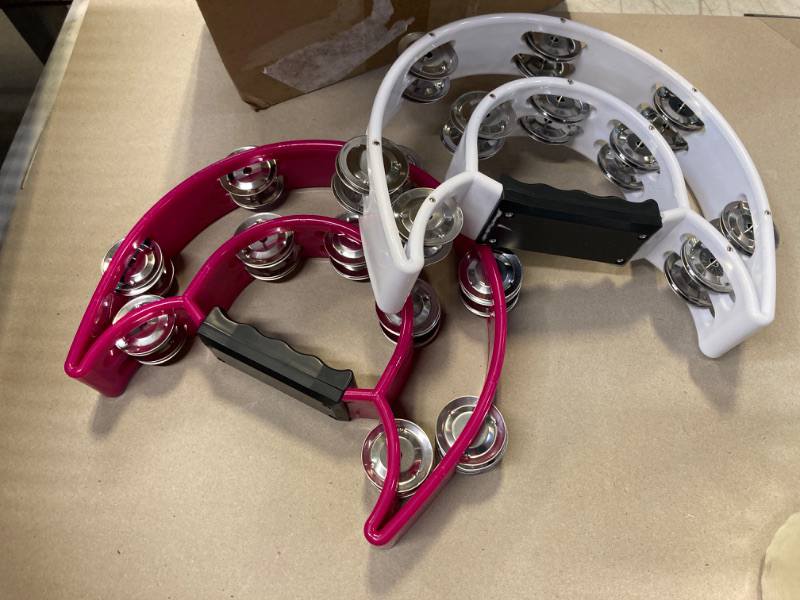 Photo 2 of 2Pack 10" Double Row Tambourine for Adult, Half Moon Musical Tambourine 20 Metal Jingles Hand Held Percussion Drum, Plastic Musical Percussion Tambourines for Adults, Church, Party, White & Rose Red
