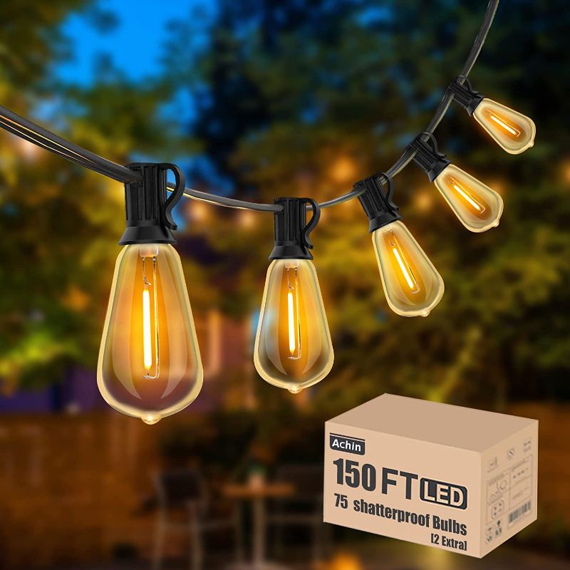 Photo 1 of Achin Outdoor String Lights 150FT LED ST38 Edison Vintage Style String Lights Outdoor Dimmable Warm 2200K with 75 Shatterproof Bulbs Plastic String Lights Waterproof for Patio Bistro Gazebo Lights
