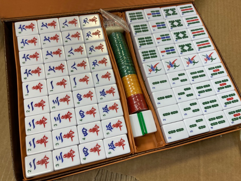 Photo 1 of  Chinese Mahjong Game Set, 1.5" Large Tile with a Carrying Travel Case, 1.5" Large 144+2 Tiles, 3 Dice and a Wind Indicator, for Chinese Style Game Play
