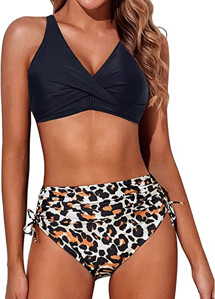 Photo 1 of XL----Aqua Eve Women High Waisted Bikini Twist Front Swimsuits Lace up Bikini Tops Ruched Push up 2 Piece Bathing Suits, Black and Leopard, X-Large
