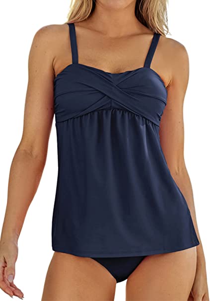 Photo 1 of Aleumdr Women's Solid Ruched Tankini Top Swimsuit with Triangle Briefs
