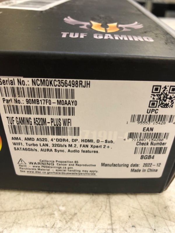 Photo 3 of ASUS TUF Gaming A520M-PLUS (WiFi) AMD AM4 (3rd Gen Ryzen™) microATX Gaming Motherboard (M.2 Support, 802.11ac Wi-Fi, DisplayPort, HDMI, D-Sub, USB 3.2 Gen 1 Type-A and Aura Addressable Gen 2 headers) -- Factory Seal