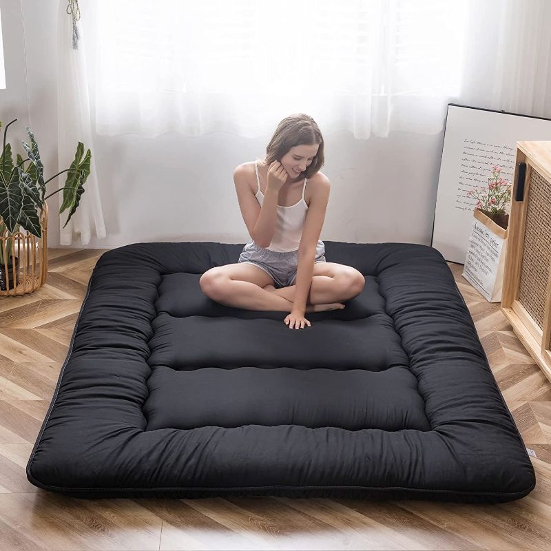 Photo 1 of  Japanese Floor Mattress Futon Mattress, Thicken Tatami Mat Sleeping Pad Foldable Roll Up Mattress Boys Girls Dormitory Mattress Pad Kids Floor Lounger Pillow Bed, Black, Twin Size