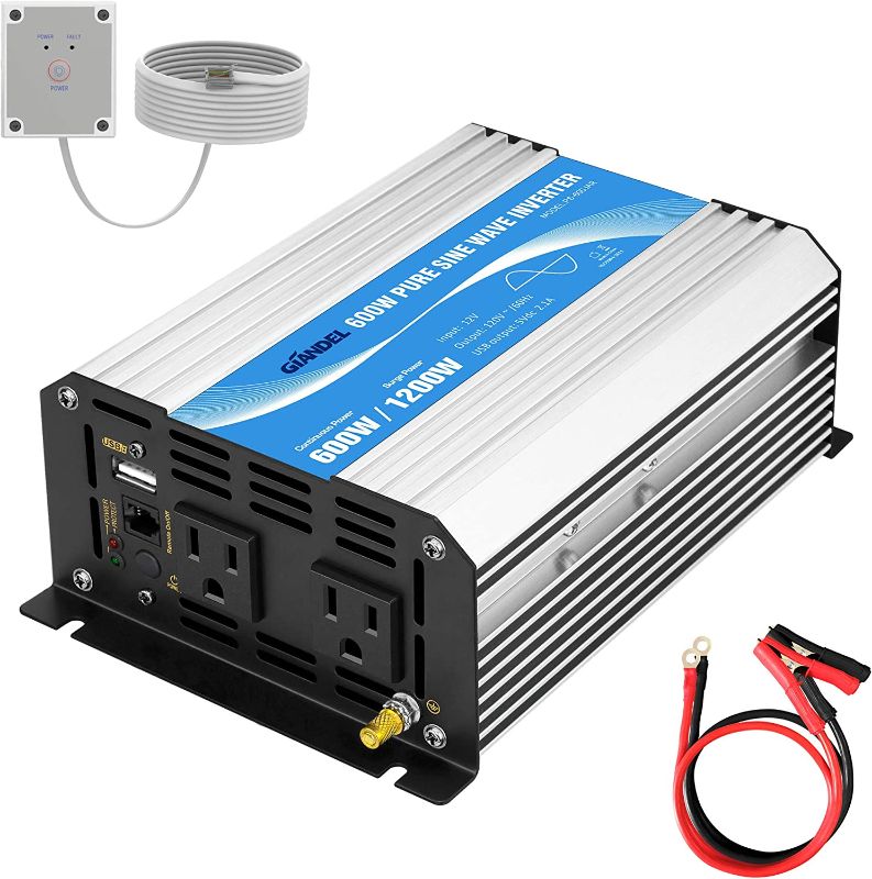 Photo 1 of 
GIANDEL Power Inverter Pure Sine Wave 600Watt 12V DC to 110V 120V with Remote Control Dual AC Outlets and USB Port for RV Car Solar System Emergency