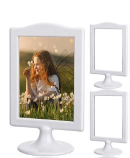 Photo 1 of 2 Pieces Double Sided Standing Picture Frames Pedestal Photo Frame 4 x 6 Inch Plastic Self Standing Frame Each Frame Holds 2 Pictures Tabletop Vertical Display Frame for Wedding Table Bridal (White)