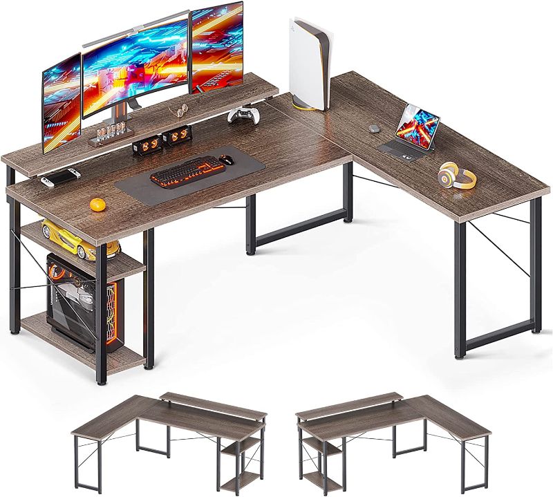 Photo 1 of ODK L Shaped Gaming Desk, 53'' Corner Computer Desk with Monitor Stand & Storage Shelf, Sturdy Home Office Desk, Writing Desk Table, Work Desk, Grey Oak
