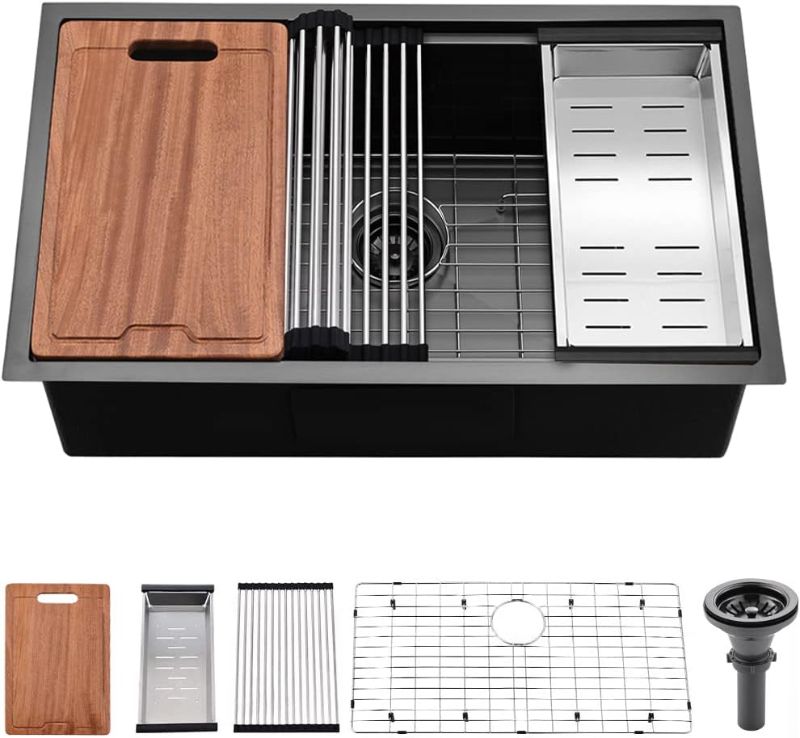 Photo 1 of 33 Inch Black Undermount Kitchen Sink Workstation-Bokaiya 33x19 Undermount Workstation Sink 16 Gauge Deep Matte Black Stainless Steel Single Bowl Kitchen Sink with Cutting Board
