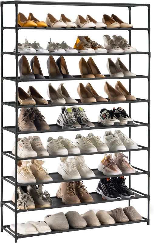 Photo 1 of Techmilly 50 Pairs Shoe Rack Organizer with 10 Tiers, for up to 50 Pairs of Shoes, Vertical Large Shoe Rack with Removable, Water, Dust & Oil Resistant Shelves, Stackable Shoe Rack for Boot & Shoe Storage - Black

