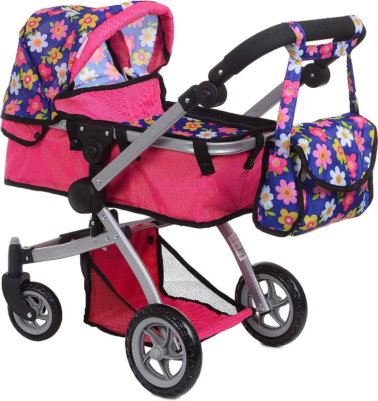 Photo 1 of Fash N Kolor | Foldable Pram for Baby Doll with Flower Design with Swiveling Wheel Adjustable Handle Bassinet Stroller with Baby Doll, Convertible Seat, and Basket, and Free Carriage Bag
