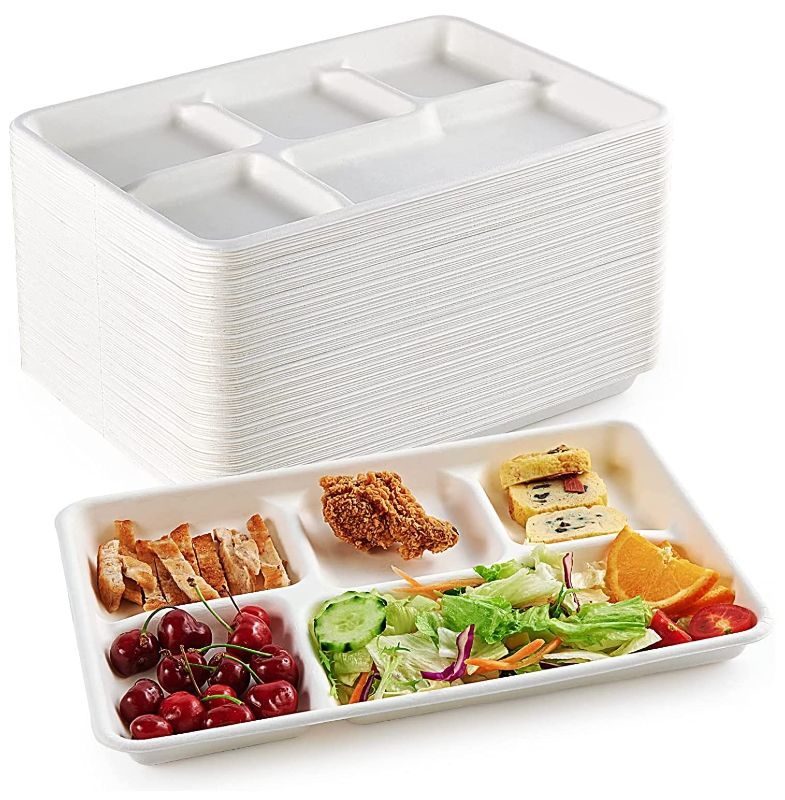 Photo 1 of 125 PACK ] 5 Compartment Trays, 100% Compostable Paper Plate tray, School Bagasse Lunch trays, Buffet, and Party, Disposable trays with 5 compartment, Biodegradable
