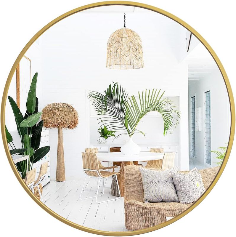 Photo 1 of 24 Inch Round Wall Circle Mirror,Large Gold Metal Framed Wall-Mounted Hanging Mirror for Bathroom Decor,Vanity Bedroom, Living Room, Entryway
