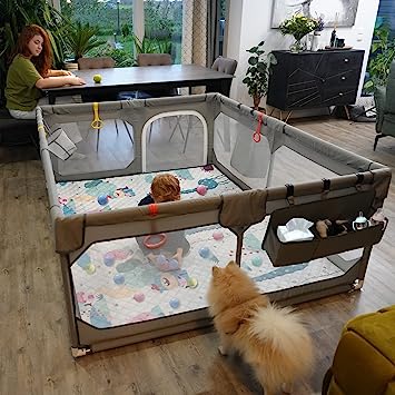 Photo 1 of Baby Playpen Set(Grey 75”×59”), playpen for Babies and Toddlers, Portable Extra Large Baby Fence Area with Anti-Slip Base, Safety Play Center Yard Home Indoor & Outdoor with Play Mat Silver gray