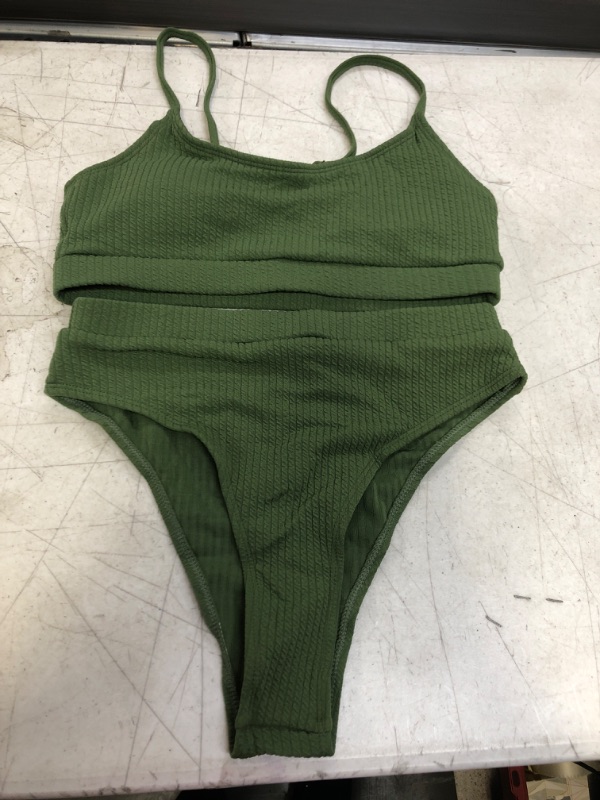 Photo 2 of Lilosy High Waisted Tummy Control Ribbed Bikini Crop Top Brazilian Swimsuit Set 2 Piece Small Army Green