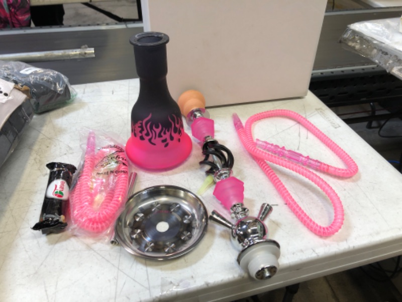 Photo 1 of 21" Hookah Set - Premium 2 Hose Hookah Complete Set - Shisha Hookah Kit With Glass Vase Ceramic Bowl & Coal Tongs Ashtray (PINK) 