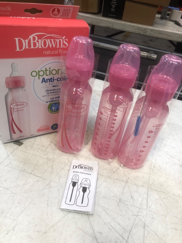 Photo 2 of 3 PACK-- Dr. Brown’s Natural Flow® Anti-Colic Options+™ Narrow Baby Bottles 8 oz/250 mL, with Level 1 Slow Flow Nipple, 3 Pack, 0m+ Blue 4oz, Pink