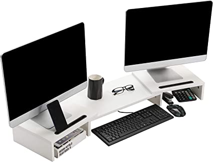 Photo 1 of SUPERJARE Dual Monitor Stand Riser, Adjustable Screen Stand, Desktop Stand Storage Organizer for Laptop Computer/TV/PC/Printer- color White 