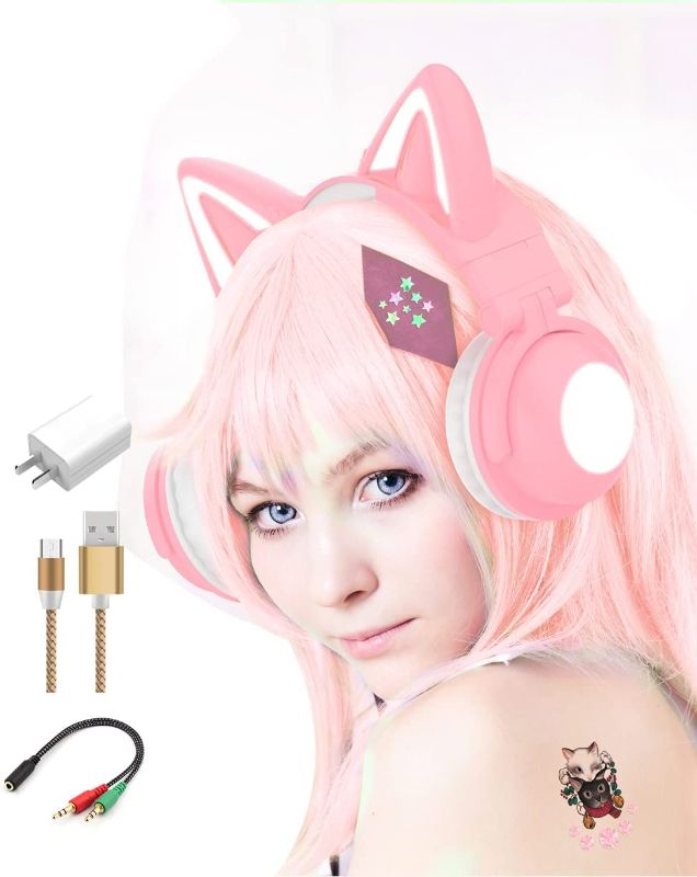Photo 1 of kuayang Wireless Cat Ear Headphones (7 Color Changing) with & 3.5mm Jack, Gaming Pro, Bluetooth&Wired Connection (Pink)
