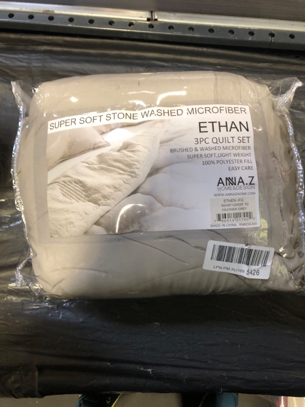 Photo 1 of 3 Pc Mini Quilt Comforter Set. Stone Washed Soft Fabric. Down Alternative Microfiber Fill. Allover Embroidery Stitching. Machine Washable. Solid Colors. (Feather Gray, Queen Set)

