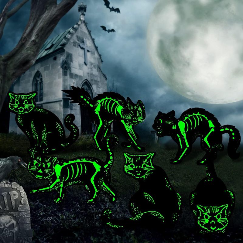 Photo 1 of 6 Pieces Halloween Black Cat Yard Signs with Stakes Scary Cats Halloween Yard Decoration Luminous Skeleton Cat Silhouette Halloween Decoration Outdoor for Home Garden Backyard Lawn Patio Decor